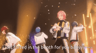 A Group Of Anime Characters Are Dancing On A Stage With The Caption " I Just Farted In The Booth For You Babyyy " . GIF