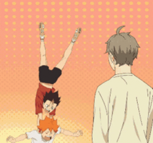 A Group Of Anime Characters Are Doing A Handstand While A Man Looks On GIF
