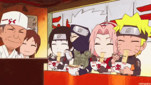 A Group Of Anime Characters Are Eating Noodles Together GIF