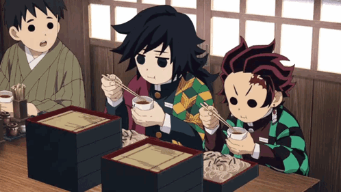 A Group Of Anime Characters Are Eating Noodles With Chopsticks GIF