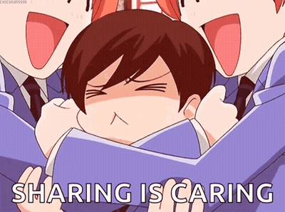 A Group Of Anime Characters Are Hugging Each Other With The Words Sharing Is Caring Below Them GIF