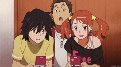 A Group Of Anime Characters Are Looking At Their Phones And One Of Them Is Wearing A Shirt That Says Free GIF