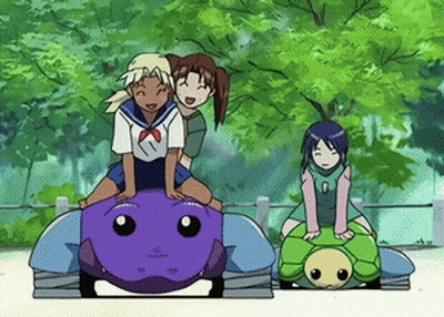 A Group Of Anime Characters Are Playing On A Playground With A Turtle GIF
