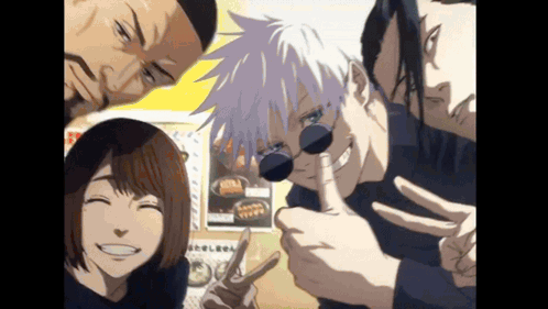 A Group Of Anime Characters Are Posing For A Picture And One Of Them Is Giving A Peace Sign . GIF