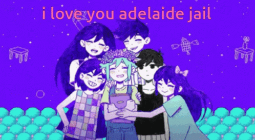 A Group Of Anime Characters Are Posing For A Picture With The Words I Love You Adelaide Jail Above Them GIF