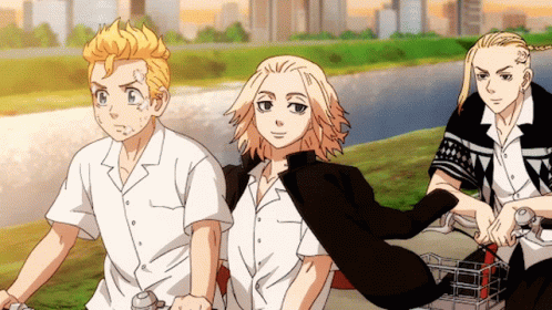 A Group Of Anime Characters Are Riding Bicycles Along A River GIF