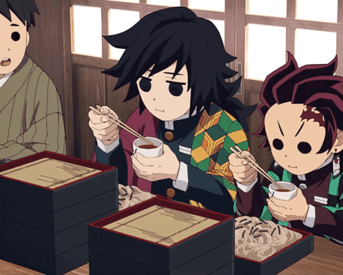 A Group Of Anime Characters Are Sitting At A Table Eating Noodles GIF