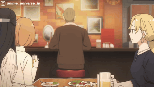 A Group Of Anime Characters Are Sitting At A Table With Plates Of Food And A Man Sitting At A Bar GIF