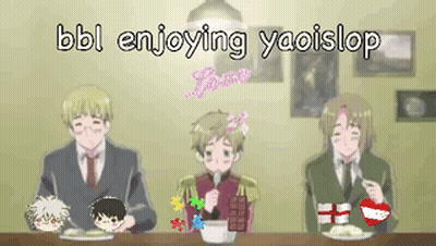 A Group Of Anime Characters Are Sitting At A Table With The Words Bbl Enjoying Yaoislop Written Above Them GIF