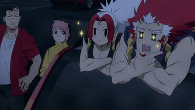 A Group Of Anime Characters Are Sitting In A Car With One Making A Funny Face GIF