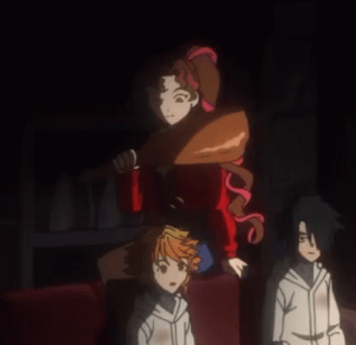 A Group Of Anime Characters Are Sitting In A Dark Room With A Woman Holding A Bat GIF