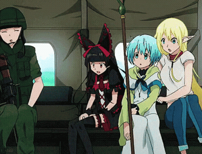 A Group Of Anime Characters Are Sitting In A Tent With A Man In A Helmet Standing Behind Them GIF
