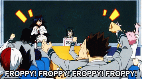 A Group Of Anime Characters Are Sitting In Front Of A Blackboard With The Words Froppy Written On It GIF