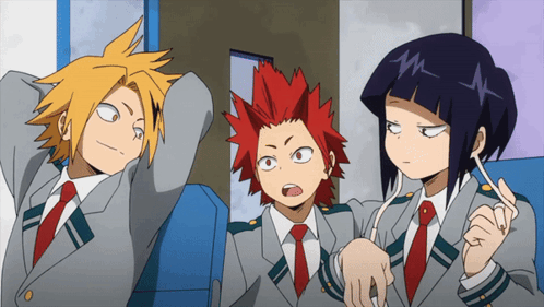 A Group Of Anime Characters Are Sitting Next To Each Other And One Of Them Is Wearing A Tie GIF