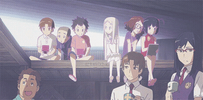 A Group Of Anime Characters Are Sitting On A Wooden Ledge And One Of Them Is Wearing A Purple Tie GIF
