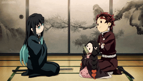 A Group Of Anime Characters Are Sitting On The Floor And One Of Them Is Holding A Small Doll GIF