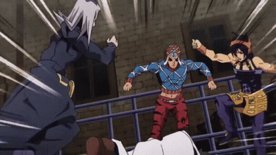 A Group Of Anime Characters Are Standing Around A Fence GIF
