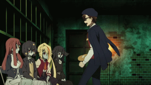 A Group Of Anime Characters Are Standing Around A Man GIF