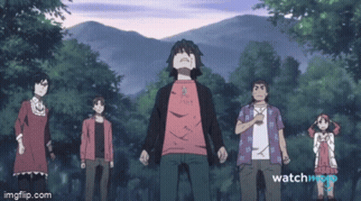 A Group Of Anime Characters Are Standing In A Forest With Mountains In The Background And The Words Watchmojo On The Bot GIF