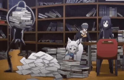 A Group Of Anime Characters Are Standing In A Library Surrounded By Books And Papers . GIF