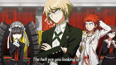 A Group Of Anime Characters Are Standing In A Room And One Of Them Says The Hell Are You Looking At GIF