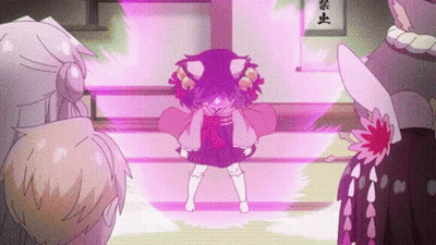 A Group Of Anime Characters Are Standing In A Room With A Purple Light Coming Out Of The Ceiling . GIF