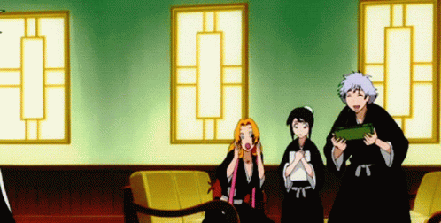 A Group Of Anime Characters Are Standing In A Room With A Yellow Couch GIF