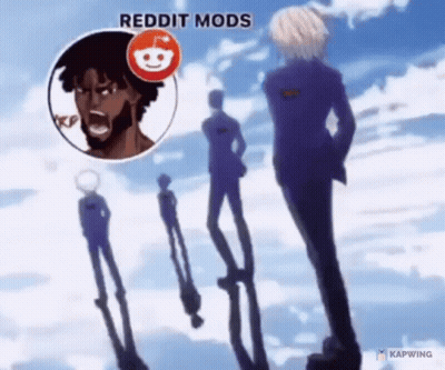 A Group Of Anime Characters Are Standing In Front Of A Blue Sky With A Reddit Icon . GIF