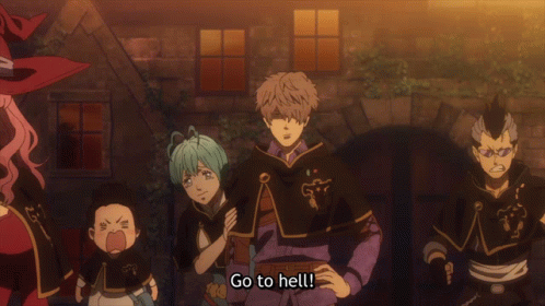 A Group Of Anime Characters Are Standing In Front Of A Building And One Of Them Is Saying Go To Hell GIF
