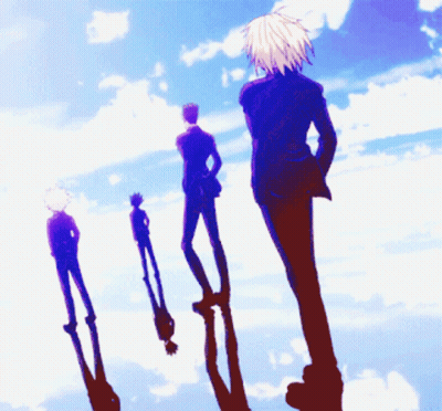 A Group Of Anime Characters Are Standing In Front Of A Cloudy Sky GIF