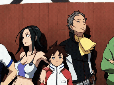 A Group Of Anime Characters Are Standing In Front Of A Fence GIF