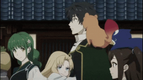 A Group Of Anime Characters Are Standing In Front Of A Roof GIF