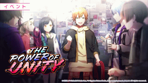 A Group Of Anime Characters Are Standing In Front Of The Power Of Unity Logo GIF