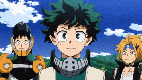 A Group Of Anime Characters Are Standing Next To Each Other And One Of Them Has The Letter C On His Face GIF