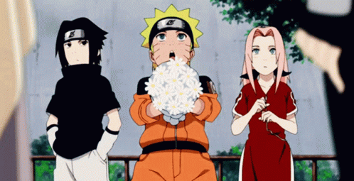 A Group Of Anime Characters Are Standing Next To Each Other And One Of Them Is Holding A Bouquet Of Daisies GIF