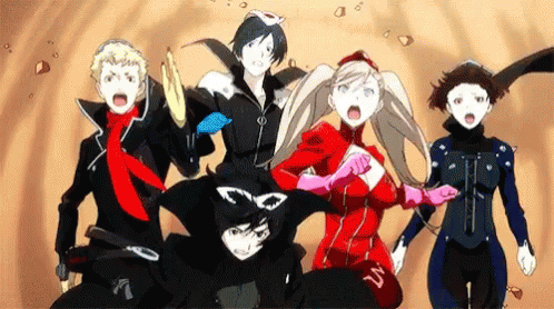 A Group Of Anime Characters Are Standing Next To Each Other And Shouting . GIF