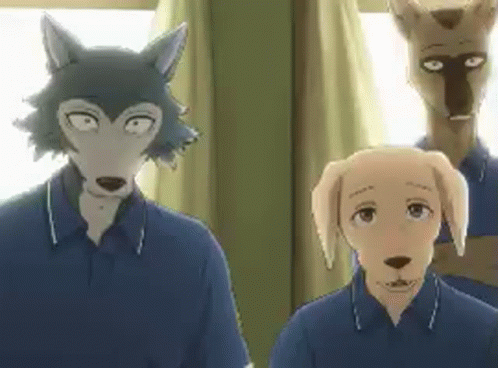 A Group Of Anime Characters Are Standing Next To Each Other In A Room And Looking At The Camera . GIF