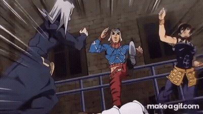 A Group Of Anime Characters Are Standing Next To Each Other On A Railing . GIF