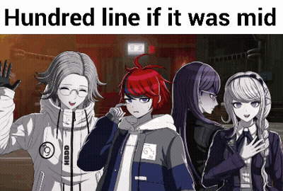 A Group Of Anime Characters Are Standing Next To Each Other With A Caption That Says Hundred Line If It Was Mid . GIF