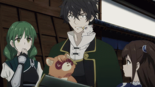 A Group Of Anime Characters Are Standing Next To Each Other With One Holding A Stuffed Animal GIF