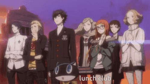 A Group Of Anime Characters Are Standing Next To Each Other With The Words Lunch Club Written On The Bottom GIF