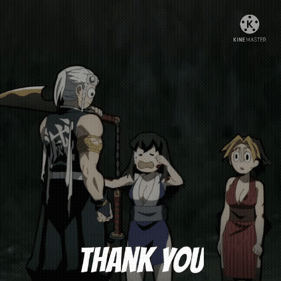 A Group Of Anime Characters Are Standing Next To Each Other With The Words Thank You In The Corner GIF