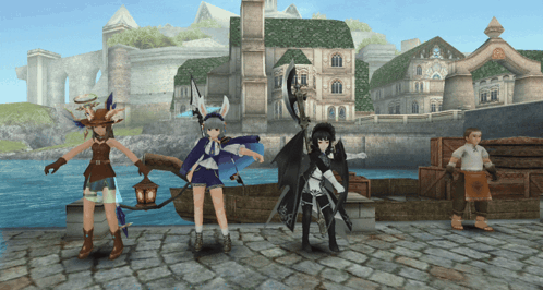 A Group Of Anime Characters Are Standing On A Cobblestone Street GIF
