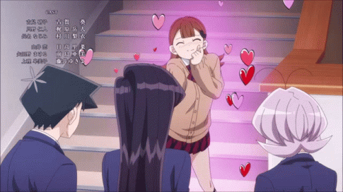 A Group Of Anime Characters Are Standing On A Set Of Stairs With Hearts Around Them GIF
