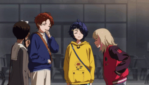 A Group Of Anime Characters Are Standing Together And One Of Them Is Wearing A Yellow Hoodie With The Letter O On It GIF