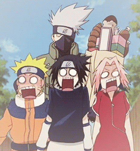 A Group Of Anime Characters Are Standing Together With Their Mouths Open GIF