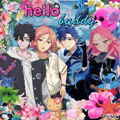 A Group Of Anime Characters Are Surrounded By Flowers And The Words Hello Buddy GIF