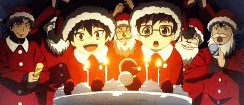 A Group Of Anime Characters Dressed As Santa Claus Are Standing Around A Cake With Candles On It GIF
