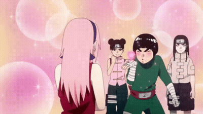 A Group Of Anime Characters Including A Girl With Pink Hair And A Boy With Green Shorts GIF