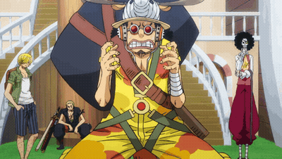 A Group Of Anime Characters Including Brook And Sanji Are Standing In Front Of A Staircase GIF